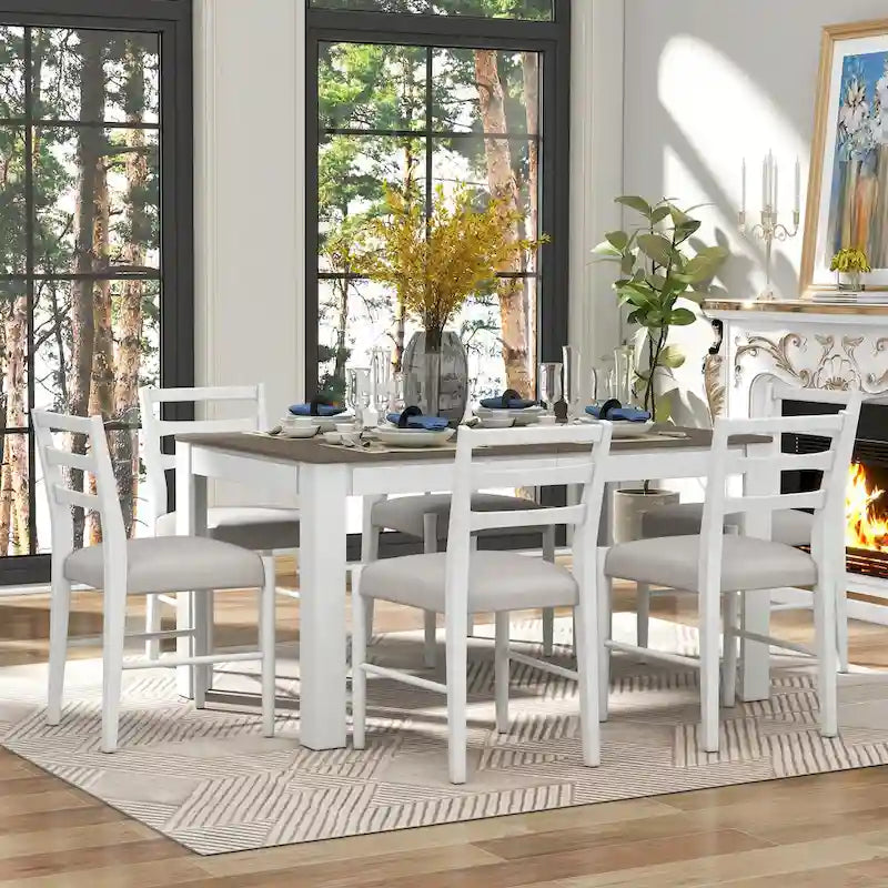 Nestfair 7-Piece Wooden Dining Table Set with 6 Chairs and 2 Drawers 14