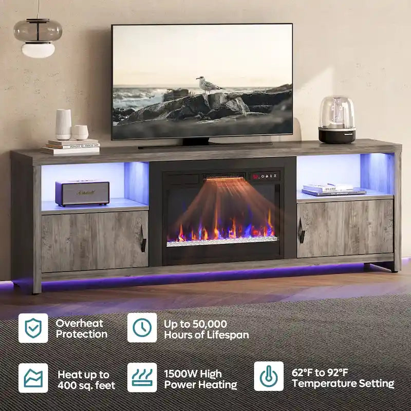 70 TV Stand for 75 TVs with LED Fireplace Light and Cabinet - 71 inches