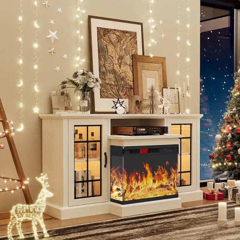 Fireplace TV Stand with All-Sided Glass Electric Fireplace