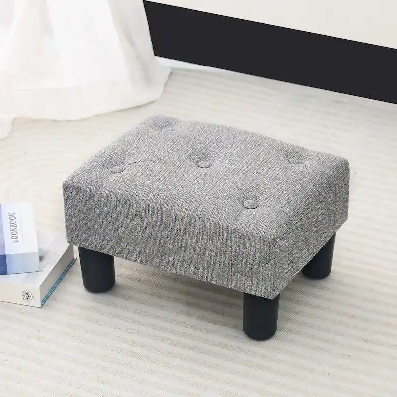 Adeco Button Tufted Linen Foot Stool Rectangular Small Ottoman 22