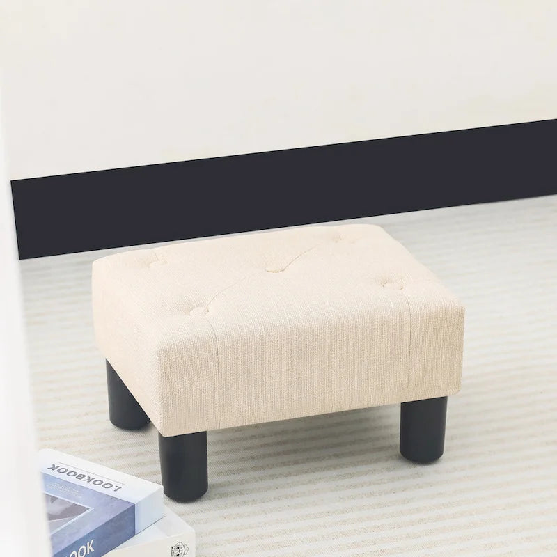 Adeco Button Tufted Linen Foot Stool Rectangular Small Ottoman 4