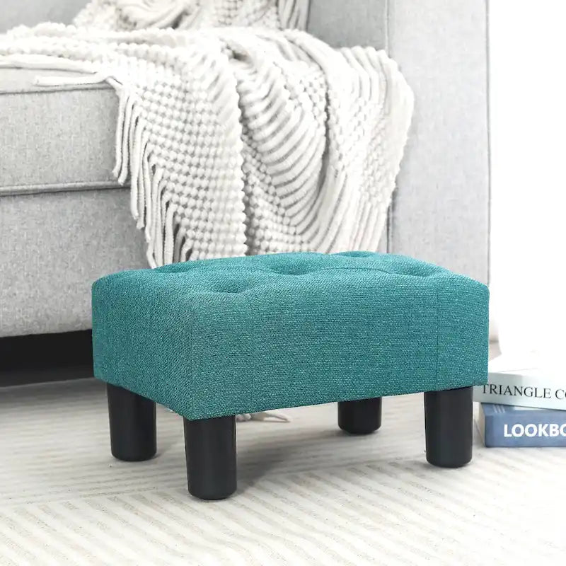 Adeco Button Tufted Linen Foot Stool Rectangular Small Ottoman 15