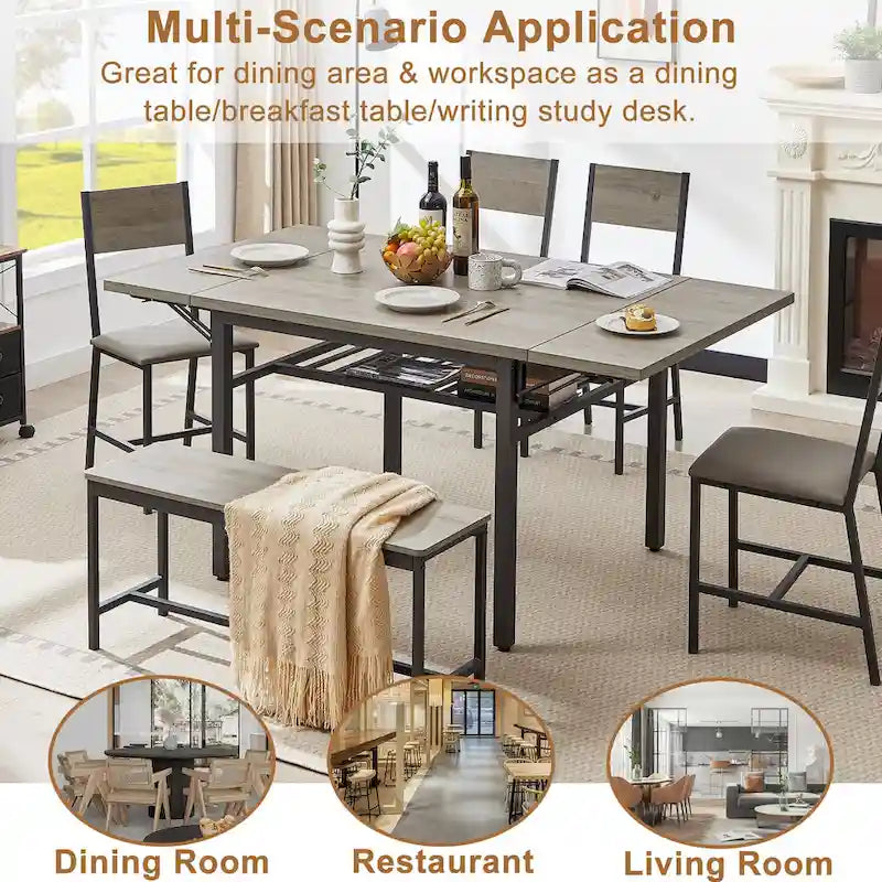 Modern Industrial 63.2 Extendable Dining Table w/Drop Leaf, Seats 6 11