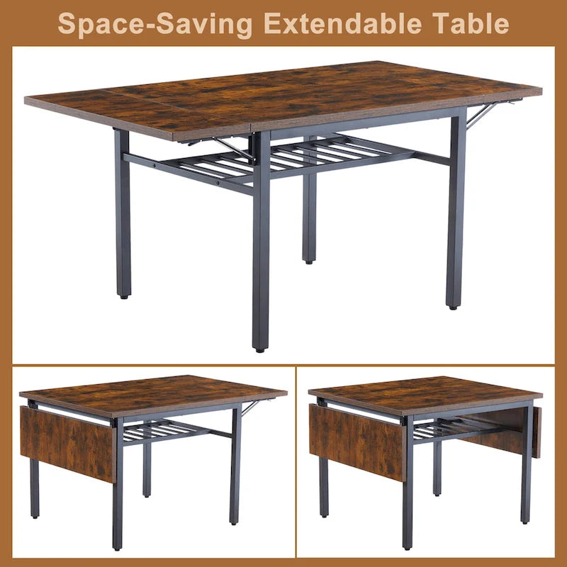 Modern Industrial 63.2 Extendable Dining Table w/Drop Leaf, Seats 6 16