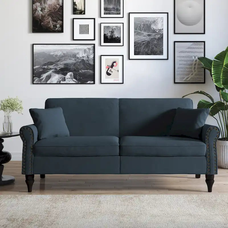 Divanetto da 73 pollici con braccioli arrotolati, rivestito in tessuto, con borchie decorative 27
