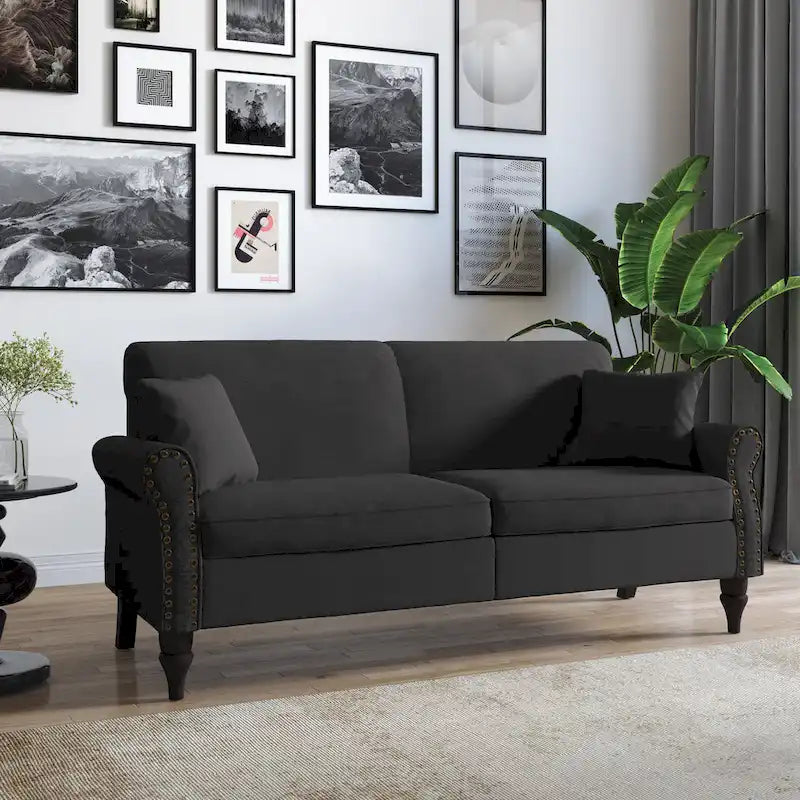 Divanetto da 73 pollici con braccioli arrotolati, rivestito in tessuto, con borchie decorative
