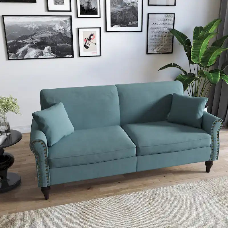 Divanetto da 73 pollici con braccioli arrotolati, rivestito in tessuto, con borchie decorative 3