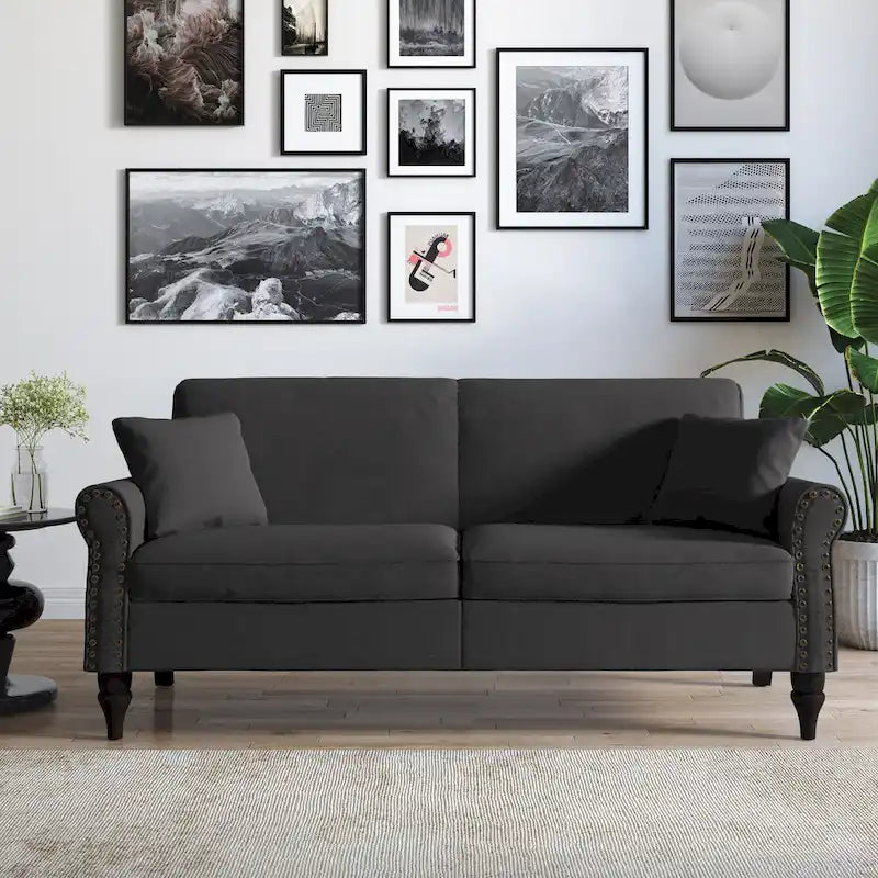 Divanetto da 73 pollici con braccioli arrotolati, rivestito in tessuto, con borchie decorative 4