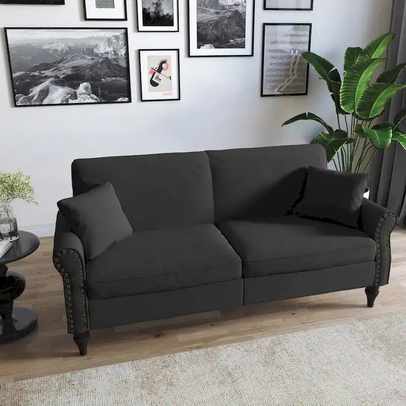 Divanetto da 73 pollici con braccioli arrotolati, rivestito in tessuto, con borchie decorative 5
