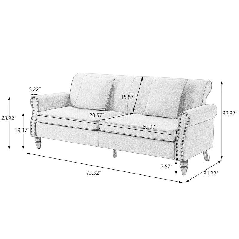 Divanetto da 73 pollici con braccioli arrotolati, rivestito in tessuto, con borchie decorative 9