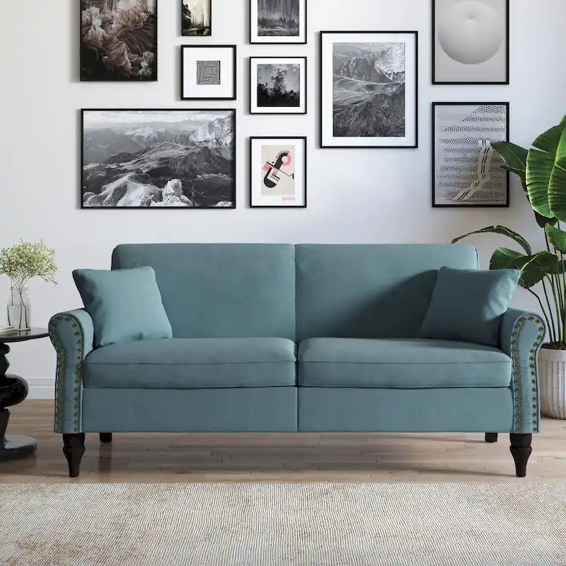 Divanetto da 73 pollici con braccioli arrotolati, rivestito in tessuto, con borchie decorative 10