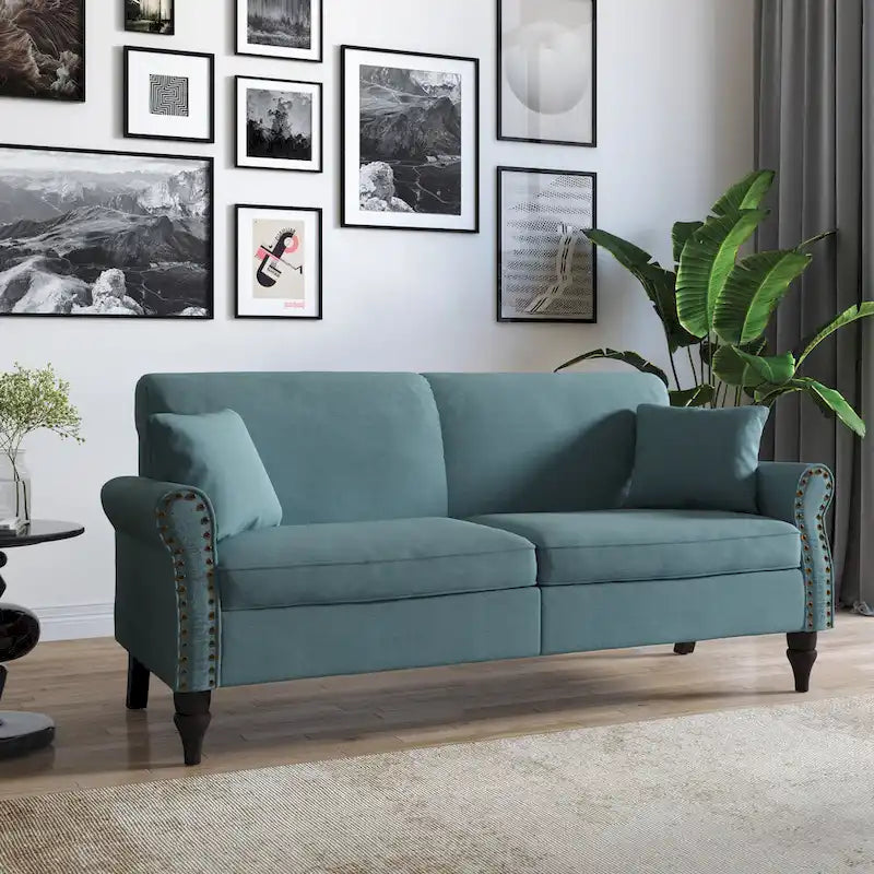 Divanetto da 73 pollici con braccioli arrotolati, rivestito in tessuto, con borchie decorative 11