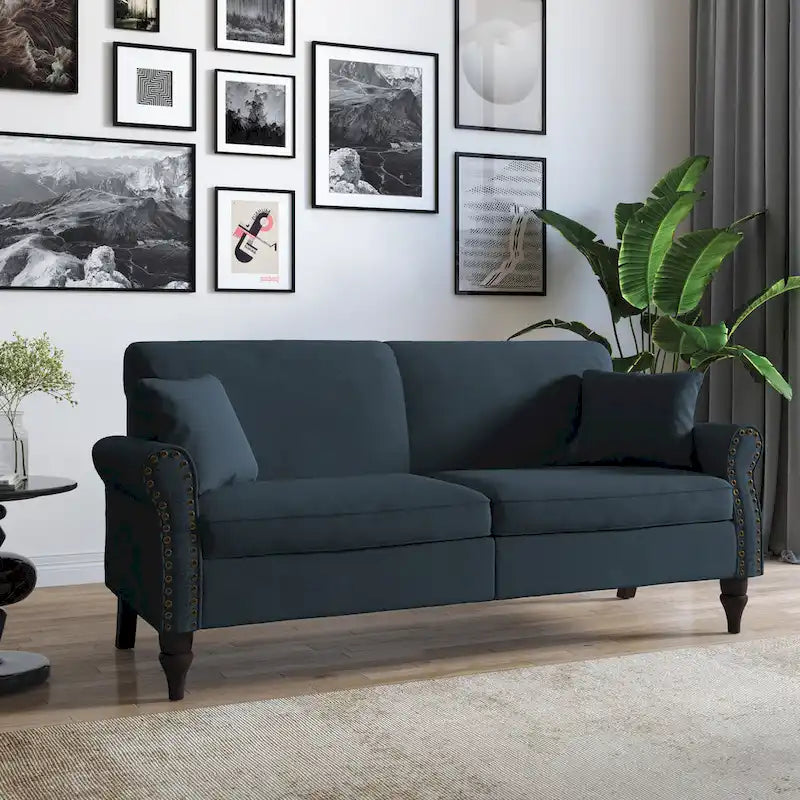 Divanetto da 73 pollici con braccioli arrotolati, rivestito in tessuto, con borchie decorative 15