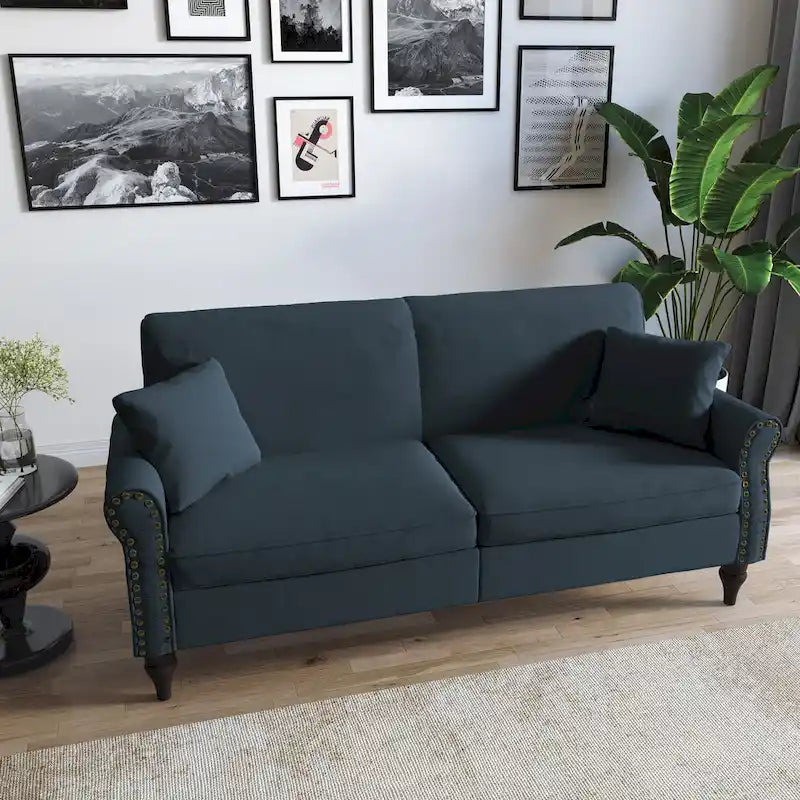 Divanetto da 73 pollici con braccioli arrotolati, rivestito in tessuto, con borchie decorative 16