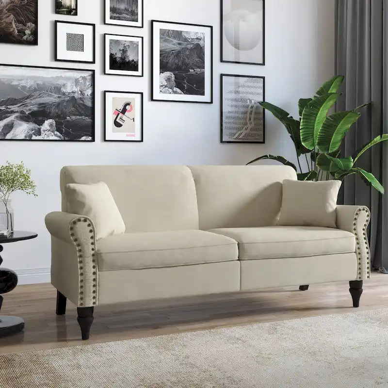 Divanetto da 73 pollici con braccioli arrotolati, rivestito in tessuto, con borchie decorative 21