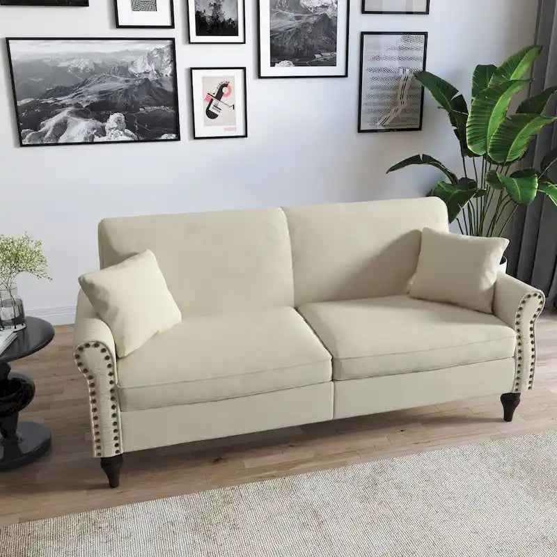 Divanetto da 73 pollici con braccioli arrotolati, rivestito in tessuto, con borchie decorative 22