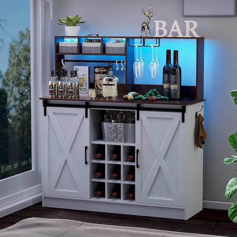 Coffee Bar Cabinet, 47 Sideboard Buffet Cabinet with 20-color LED Lights and 6.5FT Outlet 10
