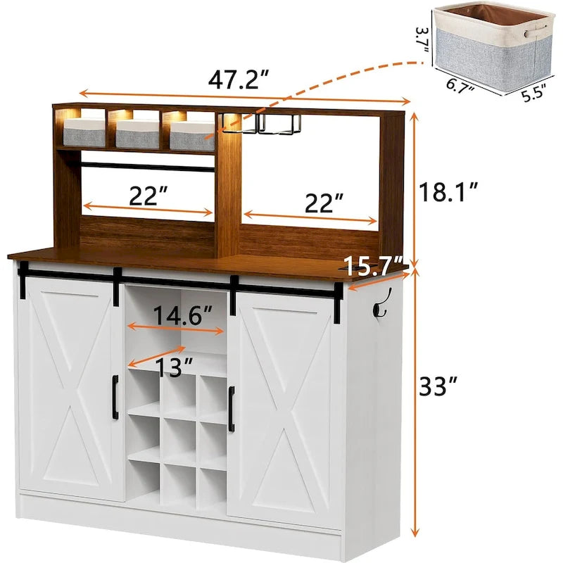 Coffee Bar Cabinet, 47 Sideboard Buffet Cabinet with 20-color LED Lights and 6.5FT Outlet 8
