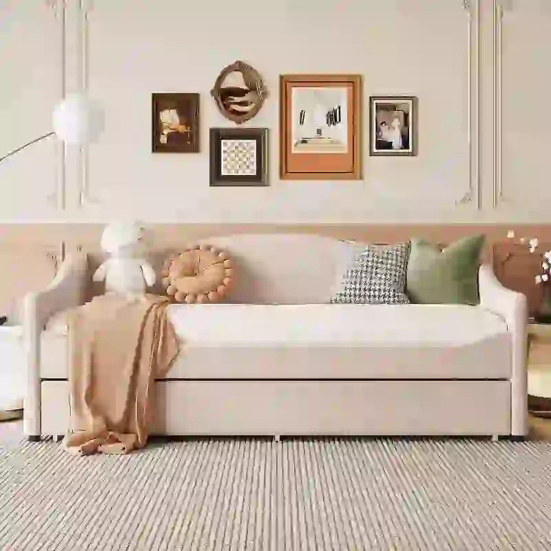 Teddy Fleece Twin Size Upholstered Daybed with Light,Trundle