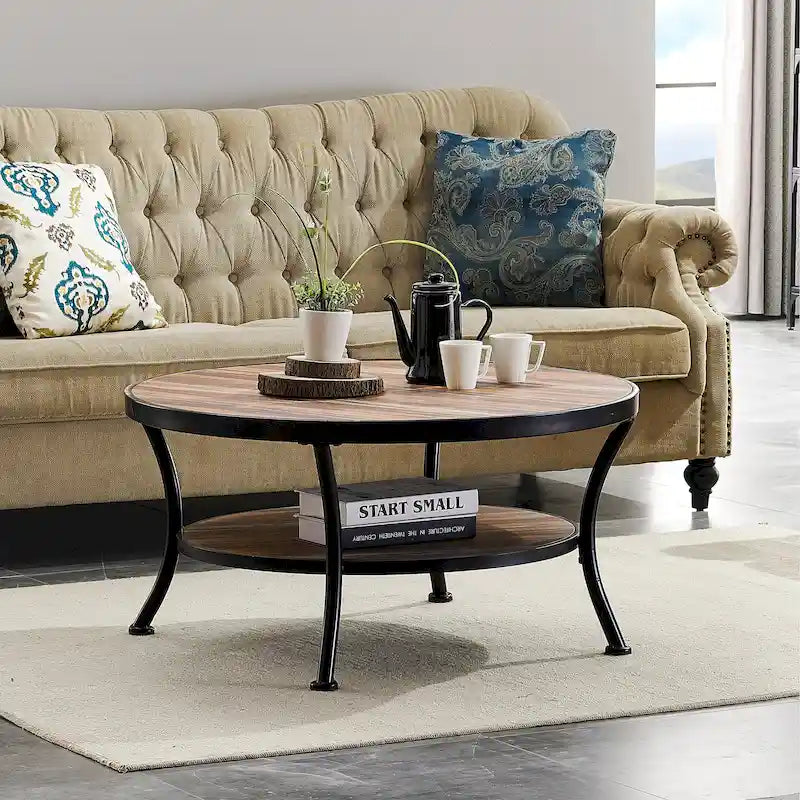 Myhozm Industrial Round Metal Coffee Table with Shelf for Living Room,Home Office and Bedroom 16