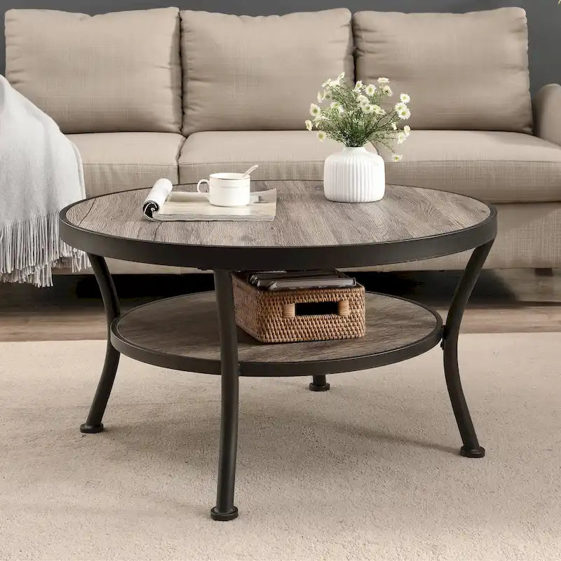 Myhozm Industrial Round Metal Coffee Table with Shelf for Living Room,Home Office and Bedroom 17