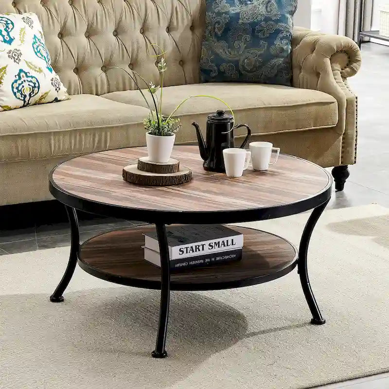 Myhozm Industrial Round Metal Coffee Table with Shelf for Living Room,Home Office and Bedroom 2