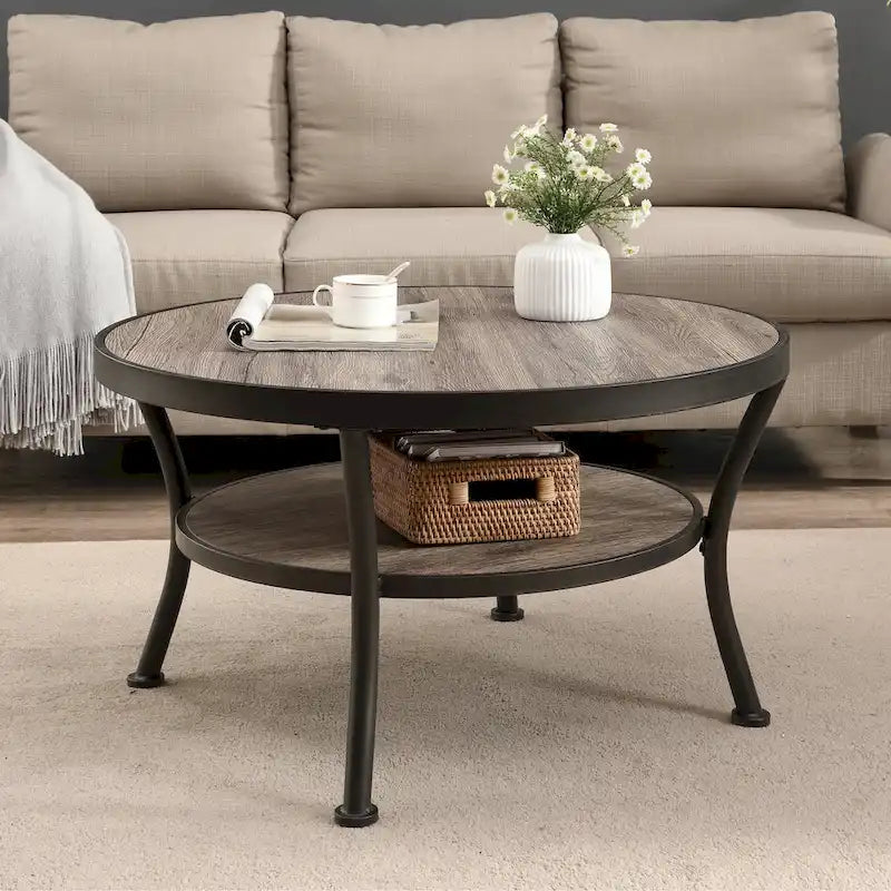 Myhozm Industrial Round Metal Coffee Table with Shelf for Living Room,Home Office and Bedroom 3