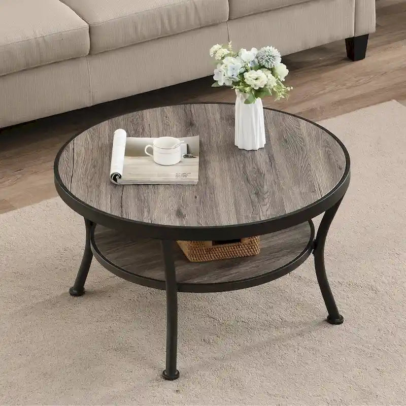 Myhozm Industrial Round Metal Coffee Table with Shelf for Living Room,Home Office and Bedroom 4