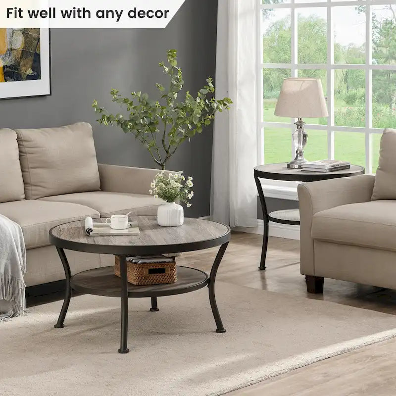 Myhozm Industrial Round Metal Coffee Table with Shelf for Living Room,Home Office and Bedroom 5