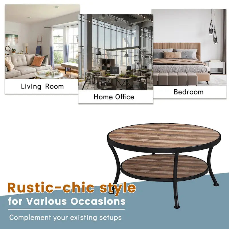 Myhozm Industrial Round Metal Coffee Table with Shelf for Living Room,Home Office and Bedroom 8