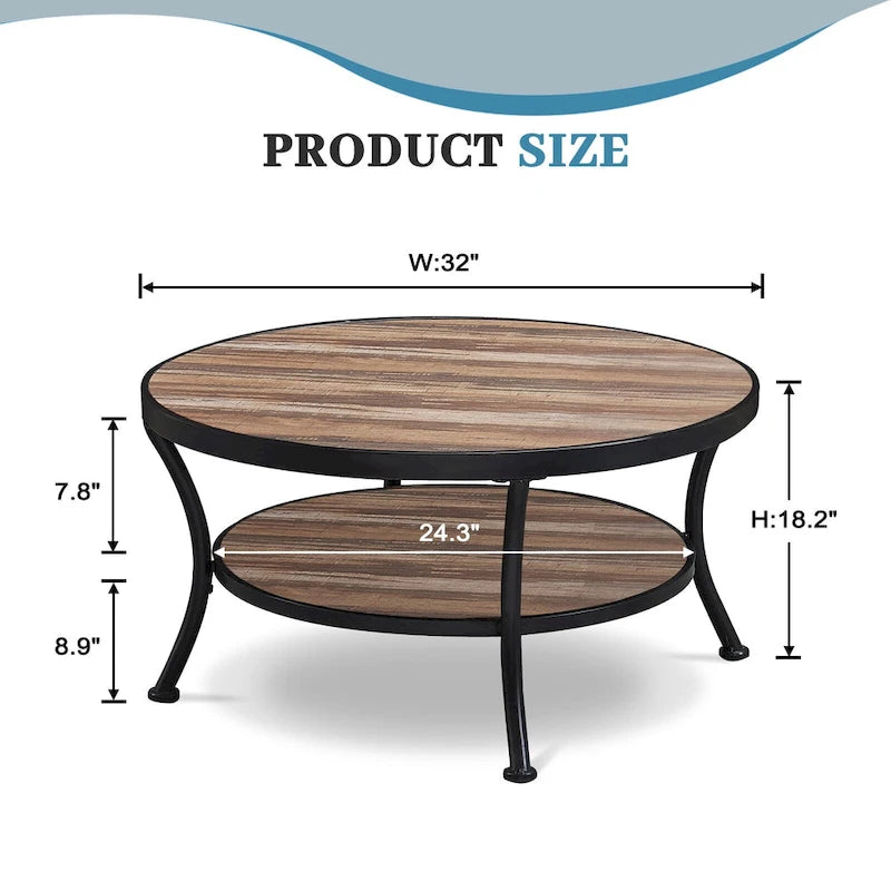 Myhozm Industrial Round Metal Coffee Table with Shelf for Living Room,Home Office and Bedroom 9