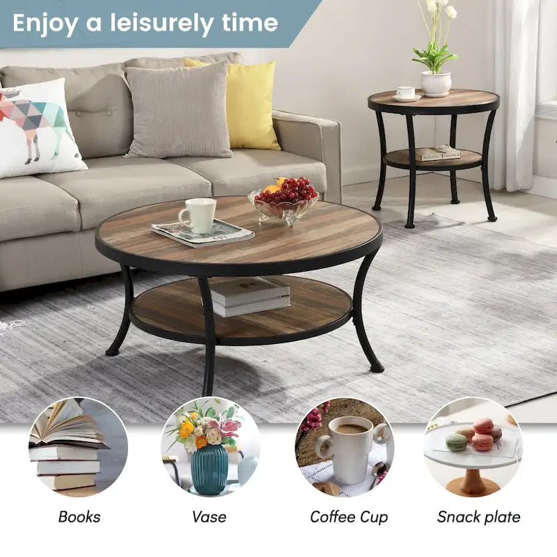 Myhozm Industrial Round Metal Coffee Table with Shelf for Living Room,Home Office and Bedroom 10