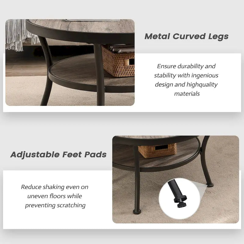 Myhozm Industrial Round Metal Coffee Table with Shelf for Living Room,Home Office and Bedroom 12