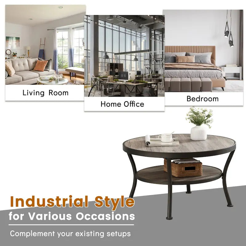 Myhozm Industrial Round Metal Coffee Table with Shelf for Living Room,Home Office and Bedroom 13