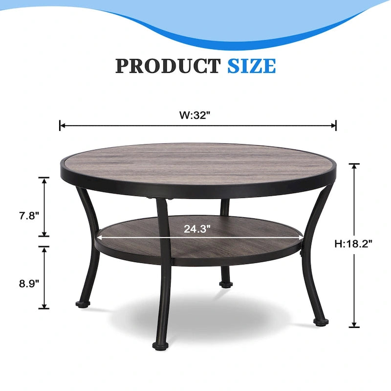 Myhozm Industrial Round Metal Coffee Table with Shelf for Living Room,Home Office and Bedroom 14