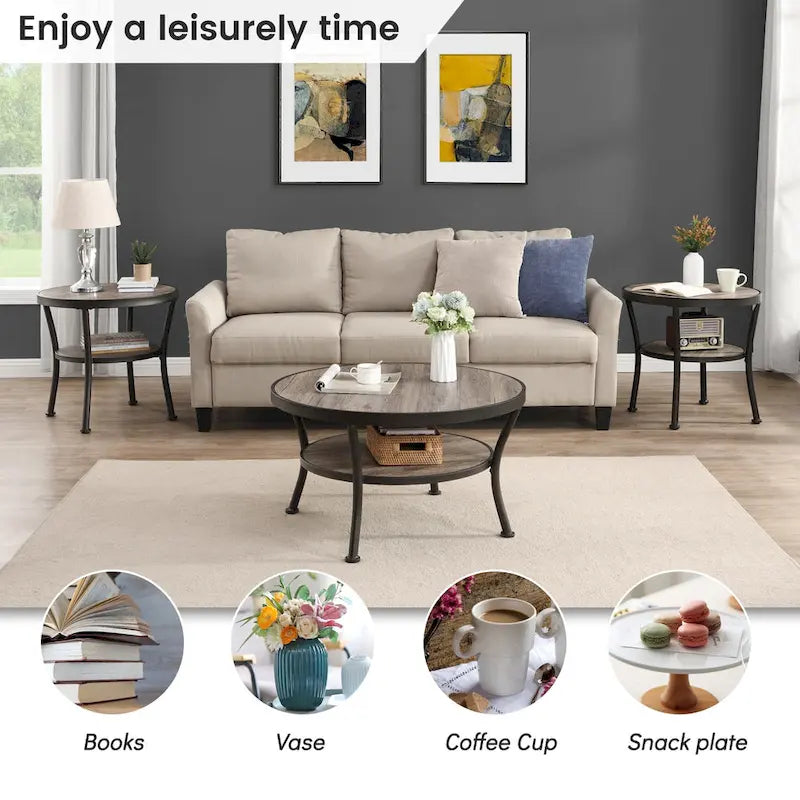 Myhozm Industrial Round Metal Coffee Table with Shelf for Living Room,Home Office and Bedroom 15