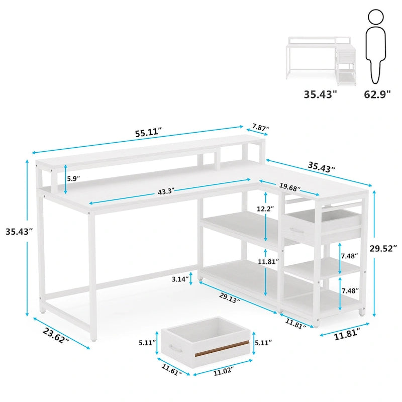 Modern L Shaped Computer Desk with Drawer and storage shelf
