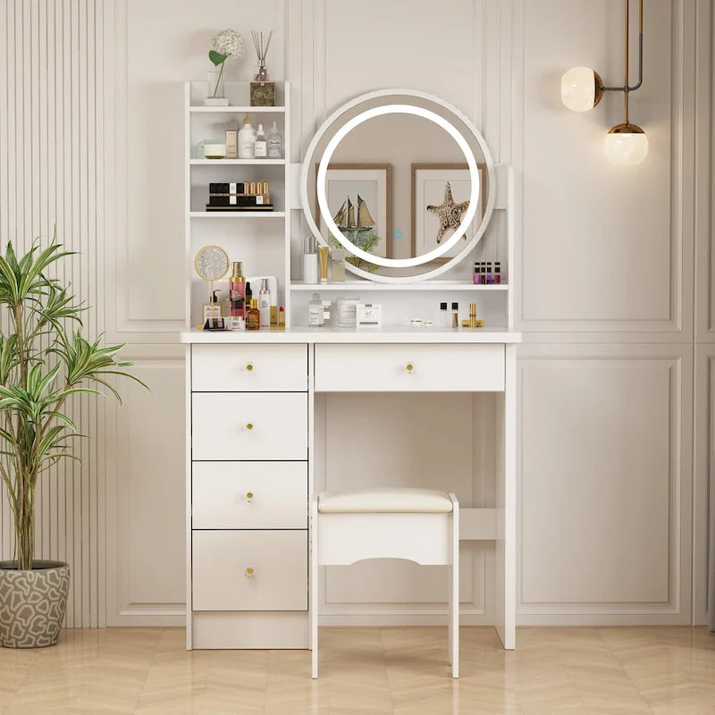 31.5 Wide Makeup Vanity Set with Stool, Mirror,3 Color Light - 31.5W 10