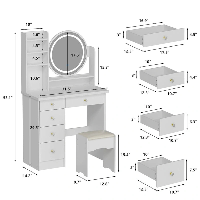 31.5 Wide Makeup Vanity Set with Stool, Mirror,3 Color Light - 31.5W 15