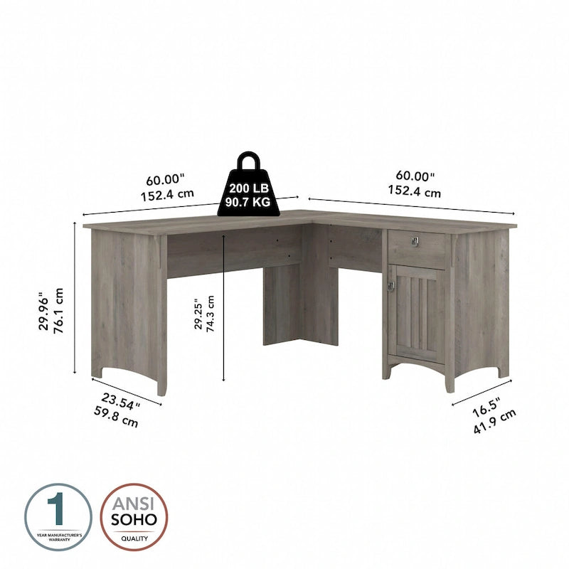 Bush Furniture Salinas 60W L Shaped Desk with Drawers and Storage 42