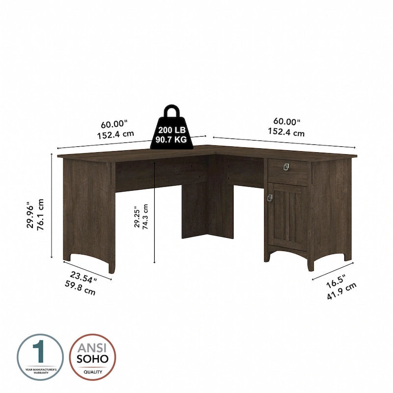 Bush Furniture Salinas 60W L Shaped Desk with Drawers and Storage 47