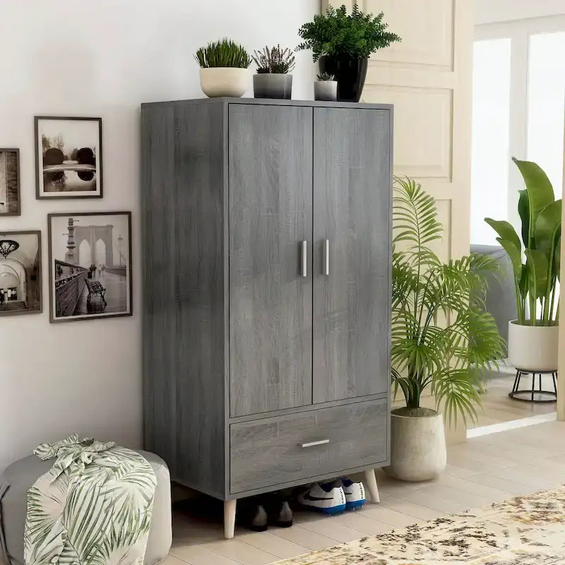 DH BASIC Mid-Century Modern Distressed Grey 1-Drawer Wardrobe Armoire by Denhour 10