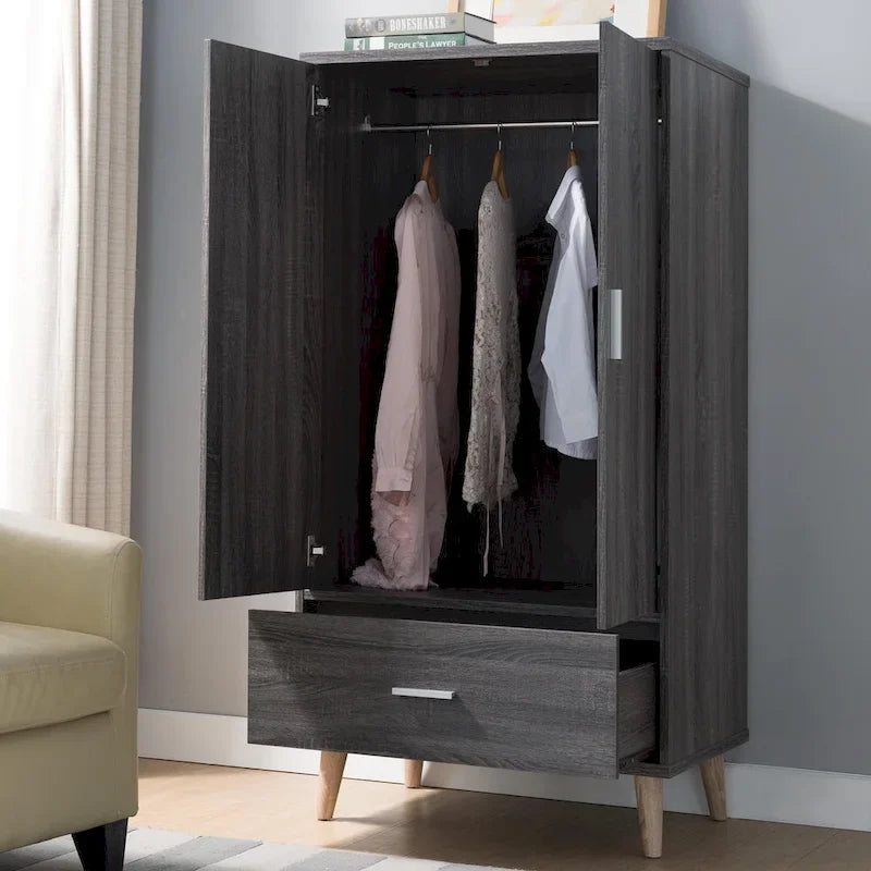 DH BASIC Mid-Century Modern Distressed Grey 1-Drawer Wardrobe Armoire by Denhour 3