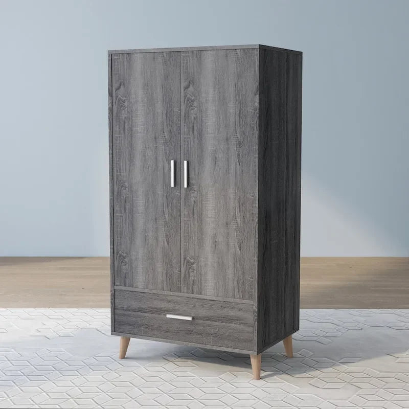 DH BASIC Mid-Century Modern Distressed Grey 1-Drawer Wardrobe Armoire by Denhour 4