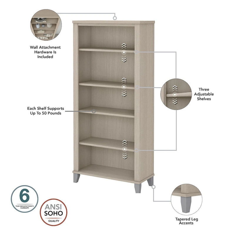 Somerset 60W Office Desk with Cabinet and 5 Shelf Bookcase 20
