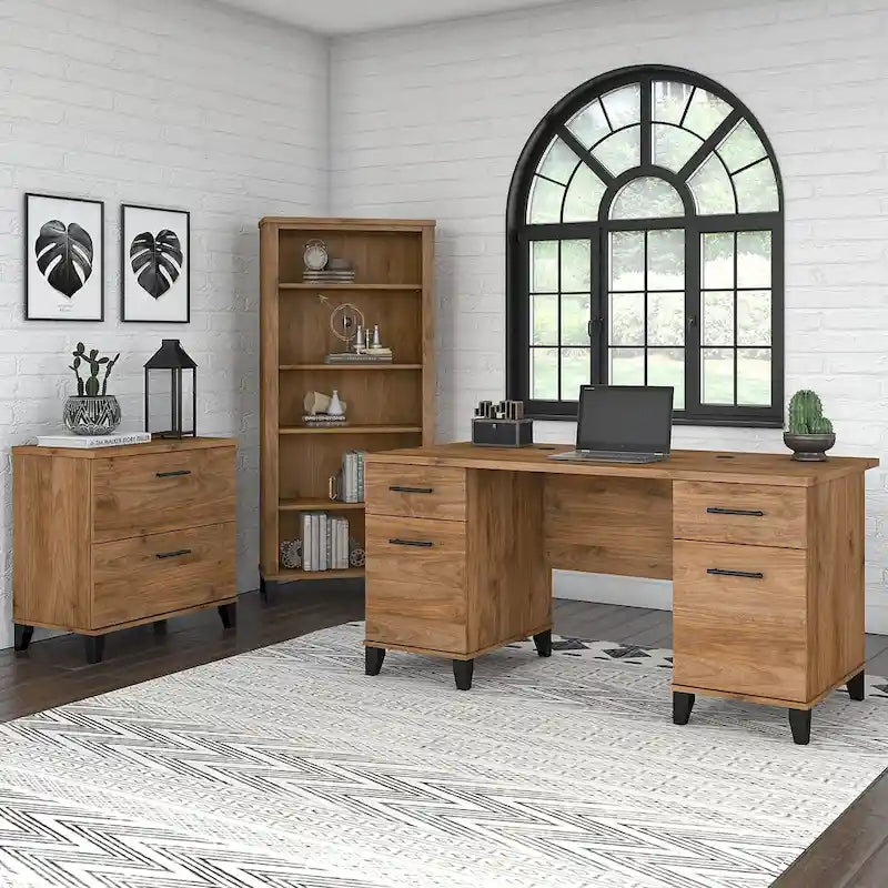 Somerset 60W Office Desk with Cabinet and 5 Shelf Bookcase 23
