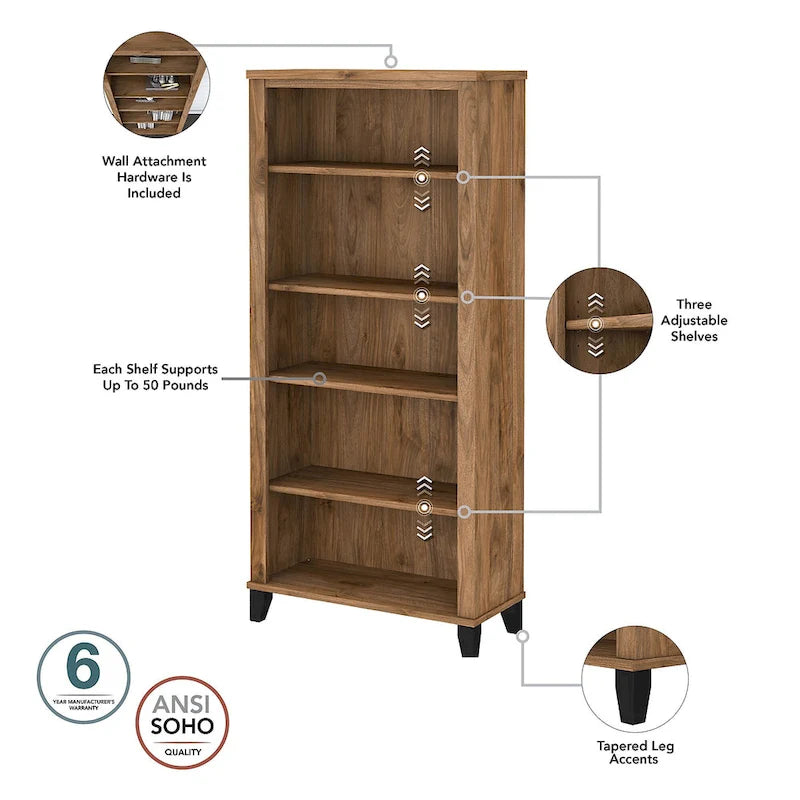 Somerset 60W Office Desk with Cabinet and 5 Shelf Bookcase 27