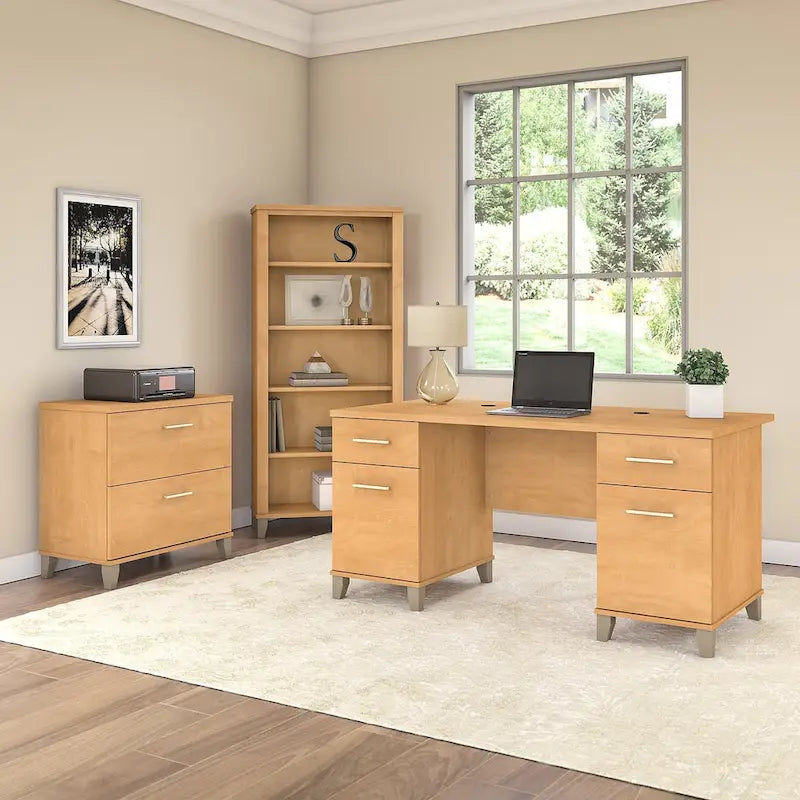 Somerset 60W Office Desk with Cabinet and 5 Shelf Bookcase 37