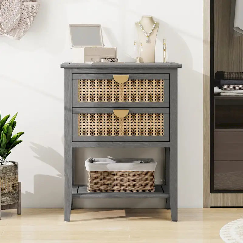 Nightstands with 2 drawers, rattan nightstands, drawers and shelves 14