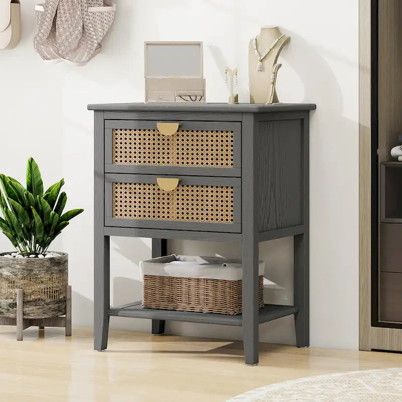 Nightstands with 2 drawers, rattan nightstands, drawers and shelves 15